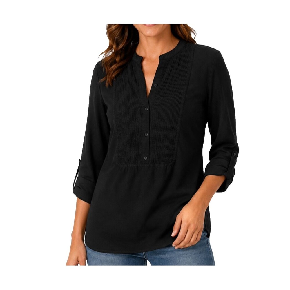Ralph Lauren Black Pintuck Shirt Women XS Button Front Bib Long Sleeve Texture